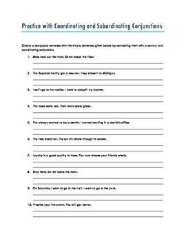 Preview of Coordinating and Subordinating Conjunctions Worksheet