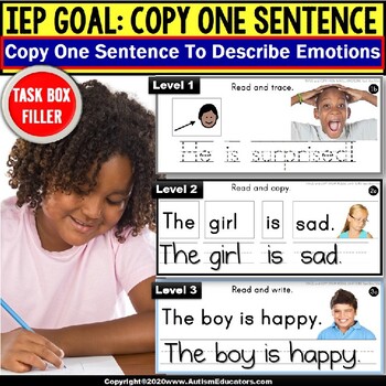 Preview of Copy Sentences | EMOTIONS | Trace-Copy-Write Fine Motor Skills TASK BOX FILLER