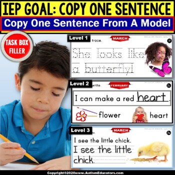 Preview of Copy Sentences MONTHS Trace Copy Fill In Blank Fine Motor TASK BOX FILLER