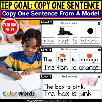 Preview of Copy Sentences | Trace-Copy-Write for Fine Motor Skills | Colors TASK BOX FILLER