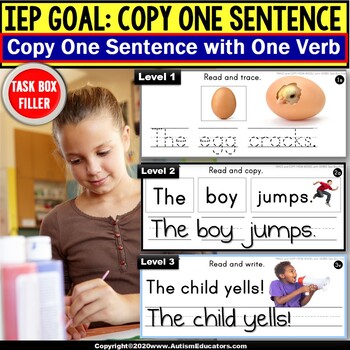 Preview of Copy Sentences - VERBS - Trace-Copy-Write for Fine Motor Skills TASK BOX FILLER
