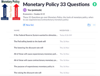 Preview of Copy of Monetary Policy 33 Questions Plickers/Exit Ticket