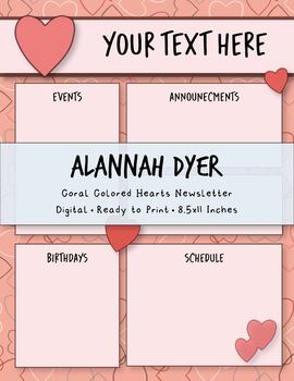 Preview of Coral Colored Hearts Classroom Newsletter Template, Edible, Agenda, Note Catcher