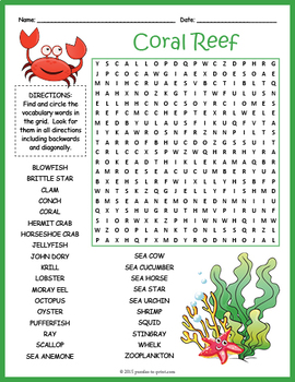 coral reef word search worksheet by puzzles to print tpt