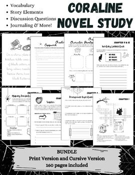 Preview of Coraline Novel Study BUNDLE / Vocabulary / Chapter Questions / Journaling & MORE