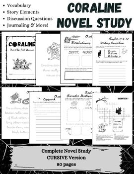 Preview of Coraline Novel Study CURSIVE / Chapter Questions / Vocabulary / Journal & MORE