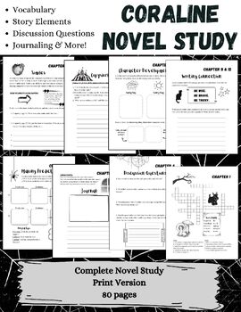 Preview of Coraline Novel Study PRINT / Discussion Questions / Vocabulary / Journal & MORE
