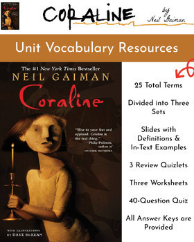Preview of Coraline Unit Vocabulary 25 Words  Slides, Guided Notes, Worksheets, & Test