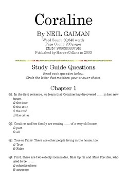 Preview of Coraline by Neil Gaiman; Multiple-Choice Study Guide Quiz