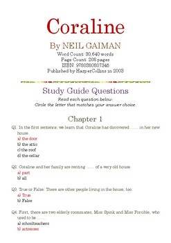 Preview of Coraline by Neil Gaiman; Multiple-Choice Study Guide Quiz w/Answer Key