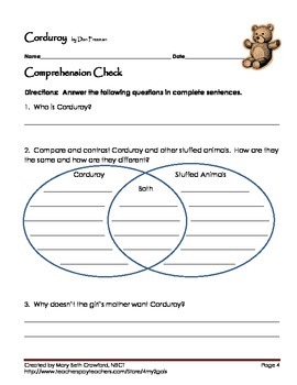 Corduroy Comprehension and Vocabulary packet by 4My2Gals | TpT