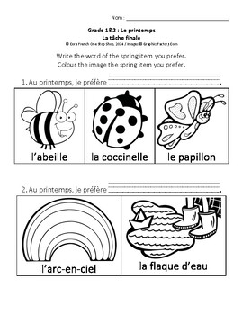 Preview of Core French Le printemps (Spring): Gr1&2 Final Task Handout