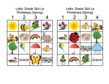 Preview of Core French Le printemps (Spring): Grade 3&4 Vocabulary Lotto