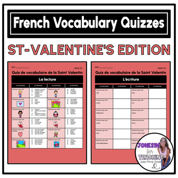 Preview of Core French Vocabulary Reading & Writing Quizzes - Valentine's Day Edition