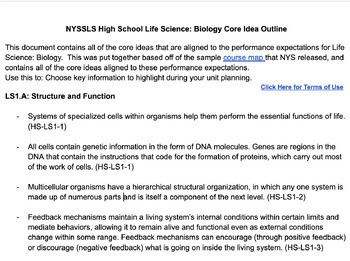 Preview of Core Idea Outline for NYS SLS High School Life Science: Biology