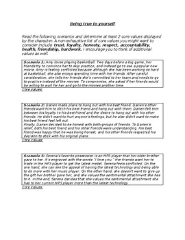 Preview of Core Values Scenario Worksheet - Being true to yourself