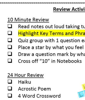 Preview of Cornell Notes, Costas Levels of Questioning and 10-24-7 Review Activities