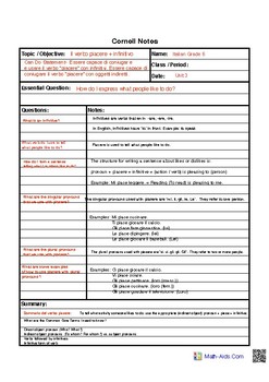 Preview of Cornell Notes Piacere with Infinitive Editable PDF