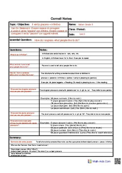 Preview of Cornell Notes Piacere with Infinitive (IncludesEnglishTranslation) Editable PDF