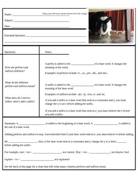 Preview of Cornell Notes Prefixes and Suffixes