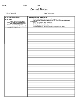 Preview of Cornell Notes Template (editable and fillable resource)