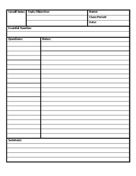 Preview of Cornell notes editable and fillable template