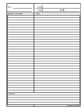 Preview of Cornell notes in Excel (editable)