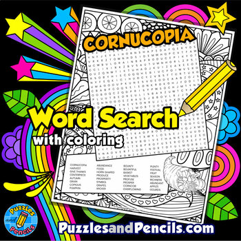 Preview of Cornucopia Word Search Puzzle Activity Page with Coloring | Fall Puzzle