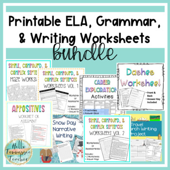 Preview of ELA, Grammar, and Writing Printable Worksheets BUNDLE