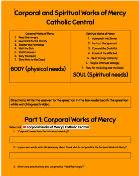 Preview of Corporal and Spiritual Works of Mercy Catholic Central Video Assignment