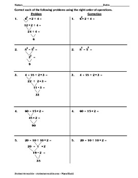 Preview of Correcting Common Mistakes in Order of Operations Worksheet I