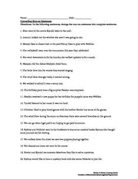 Preview of Correcting Run-On Sentences Worksheet