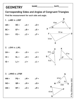 corresponding sides and angles of congruent triangles worksheet 7 g 1