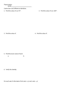 Preview of Cosine Sum and Difference Identities Worksheet and Answers
