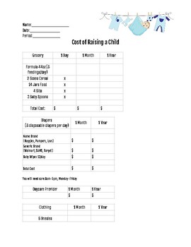 Preview of Cost of Raising a Child Worksheet