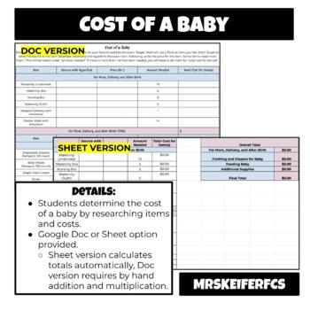 Preview of Cost of a Baby | Child Development | FCS