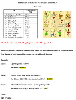 Preview of Cost of the 12 Days of Christmas - Basic Math Christmas Activity (with answers)