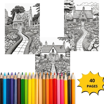Preview of Cottage Gardens Coloring Pages pdf - Adults Coloring Pages, Instant Download