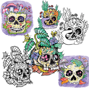 Preview of Cottagecore Skull Clipart With FREE Coloring Pages