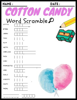 Cotton Candy Word Scramble Puzzle Worksheets Activities For Kids