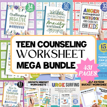 Preview of Counseling Teens Worksheets DBT Therapy Anxiety Coping Skills Workbook BUNDLE