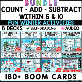 Preview of Count, Add & Subtract within 5 and 10 - Math Winter Boom Cards {BUNDLE}
