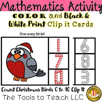 Preview of Count Christmas Birds 0 to 10 1:1 Correspondence Math Clip It Cards No Prep