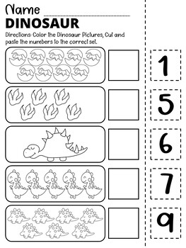 Count Cute Dinosaur numbers 1-10 Cut and Paste Match to 10 Printables ...