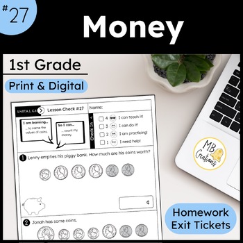 Preview of 1st Grade Identifying Coins and Value Money Worksheets - iReady Math Lesson 27