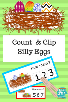 Preview of Count & Clip Silly Eggs  1-10,colorful eggs birds nest, Numbers clothe pins