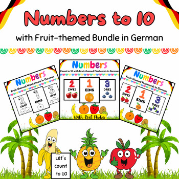 Preview of Count Trace Color to 10 in German with 30 Fruit Worksheets & Flashcards BUNDLE