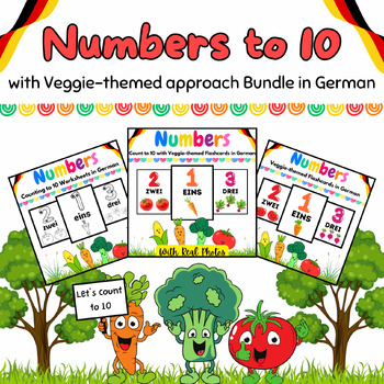 Preview of Count Trace Color to 10 in German with Vegetables Worksheets & Flashcards BUNDLE