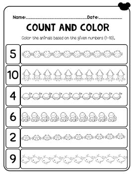 Count and Color, Number 1- 10, Animals Themed - Kindergarten - Math ...