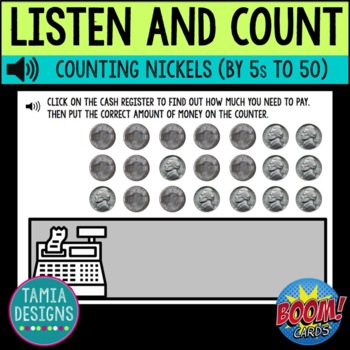 Preview of Count by fives to 50 Listen & count the nickels Boom Cards online activity